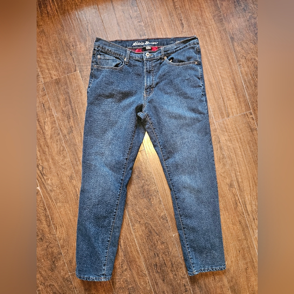 Mens Eddie Bauer Straight Flannel Lined Jeans Sz 36x32 Dark Blue  C